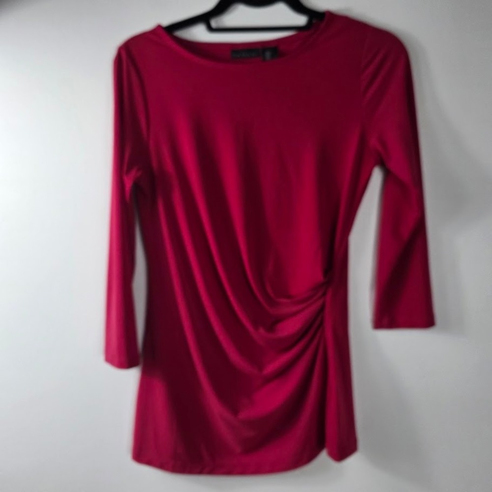 Tahari Women's Pink Size S 3/4 Sleeve Gathered Side Boat Neck Top